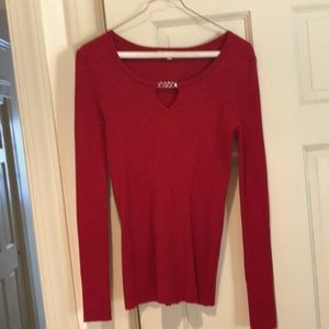 Cute dark red long sleeve ribbed sweater with heart cut out at neckline, medium